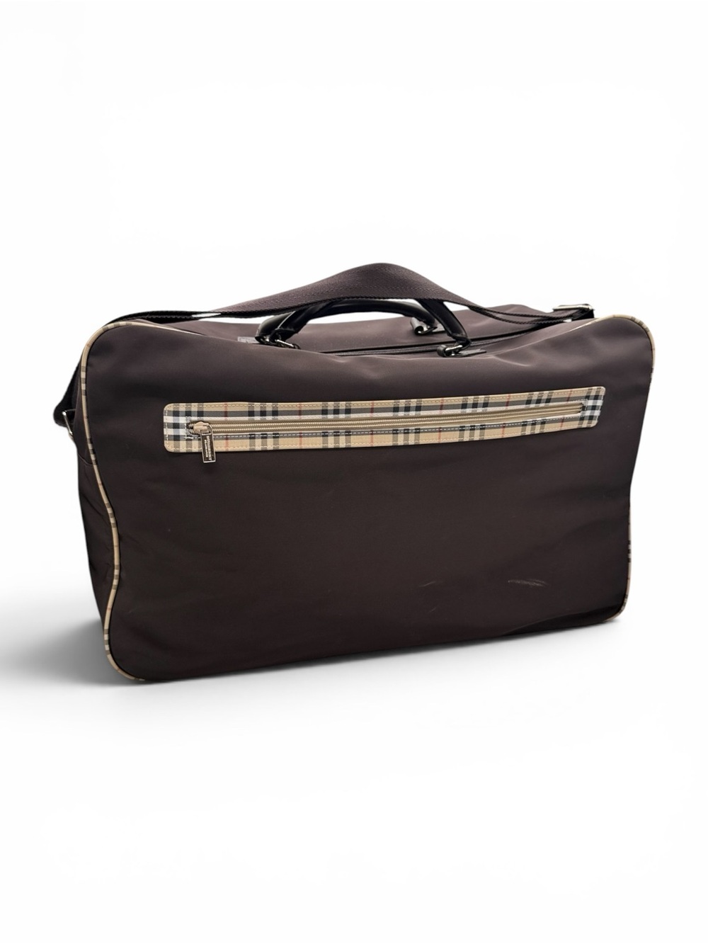 Burberry Fragrance Brown Plaid Trimming Travel Duffel Strap Handle Bag Size L